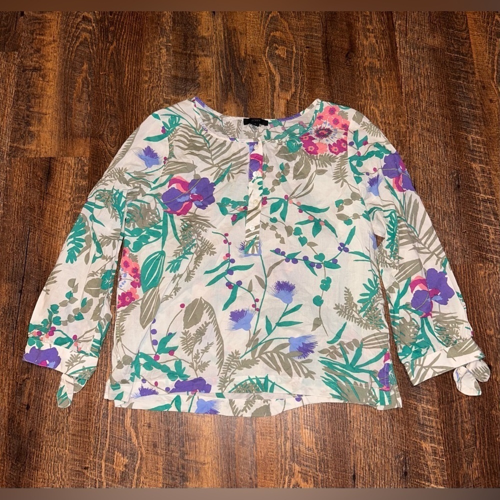 J.Crew Floral  Print Popover Blouse 100% Cotton Size Small Lightweight Tropical